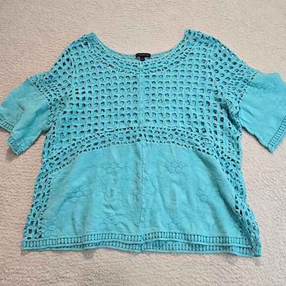 Lane Bryant Crochet Cut-out Top Bell Sleeves Teal Sz 20 Bohemian Craftcore - Picture 1 of 9